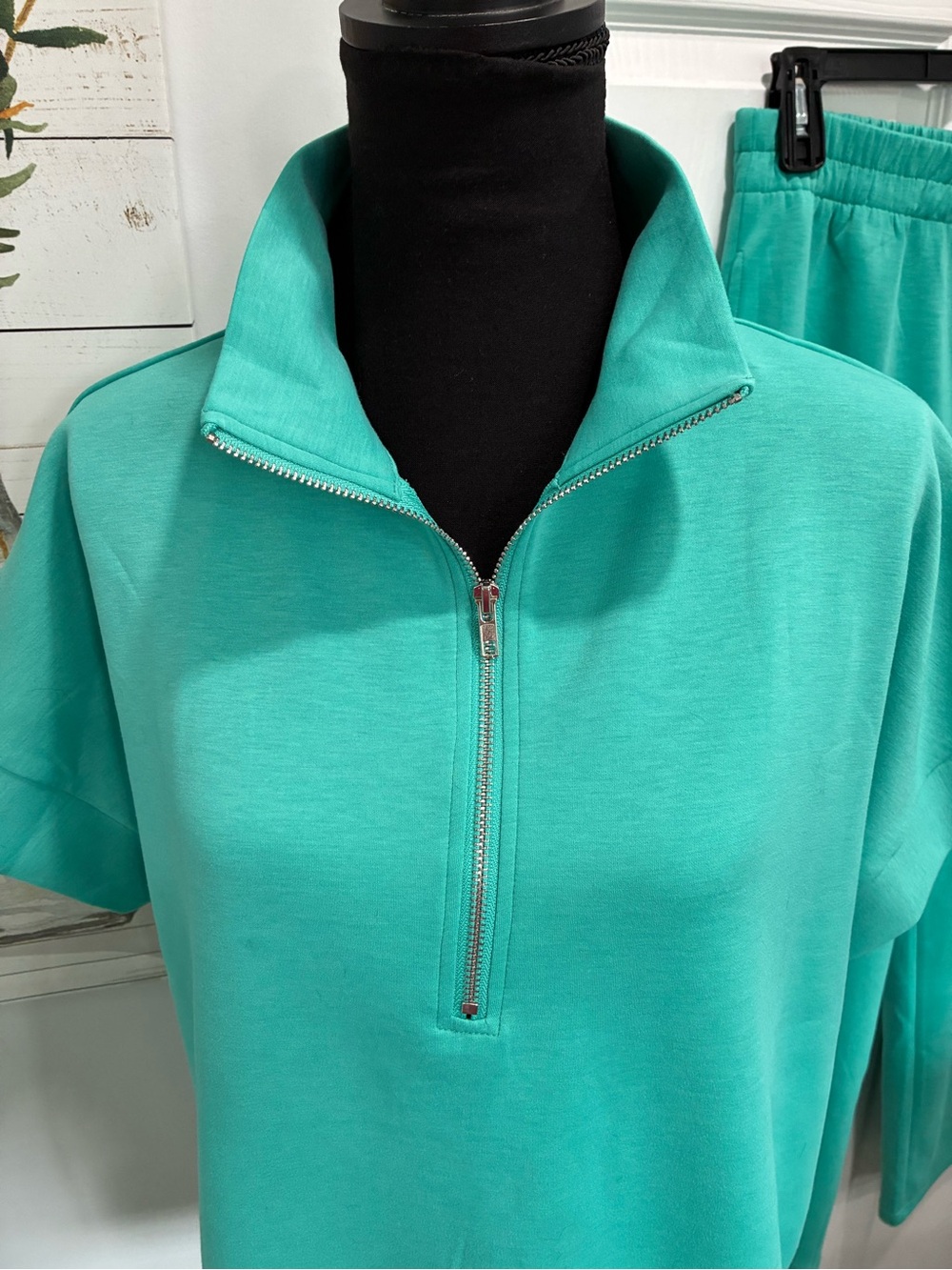Relaxed Half-Zip Short Sleeve Top & Wide-Leg Joggers Set - Teal - Picture 8 of 13